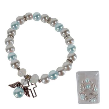 Pulsera Perlas 8mm Cruz Y Angel Lt Blue /cod. 221-bre2430-25