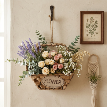 Canasta Colgante Hexagonal Brown Con Asa De Cuerda Y Placa Flower 21*19Cm /Cod. 211-028825-17