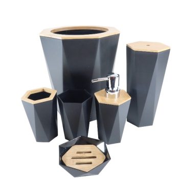 Set De Baño 6 Piezas Plastico Black Con Detalle Bambu /Cod. 218-36074-1-66
