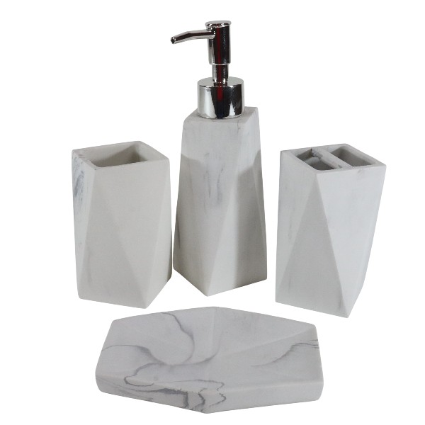 Set De Baño De 4 Piezas White Con Diseno Geometrico Y Detalles Silver /Cod. 218-8070-5-68