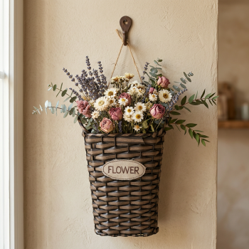 Canasta Alta En Color Dark Brown Redonda Y Letrero Flower 18*11*25Cm /Cod. 211-028825-15
