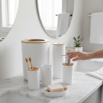 Set De Accesorios De Baño Color White Con Detalles En Bambu /Cod. 218-Ycl3350-7