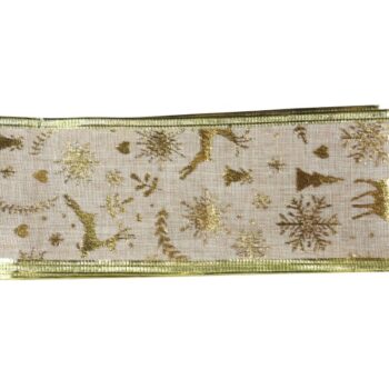 Cinta Tela Natural Con Estampado Renos Y Copos Gold 6.3cm X 9.14m /cod. 300-011060-0070
