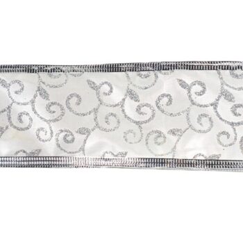 Cinta Satin White Con Ramas Silver Gliter /cod. 300-4069sl-6880
